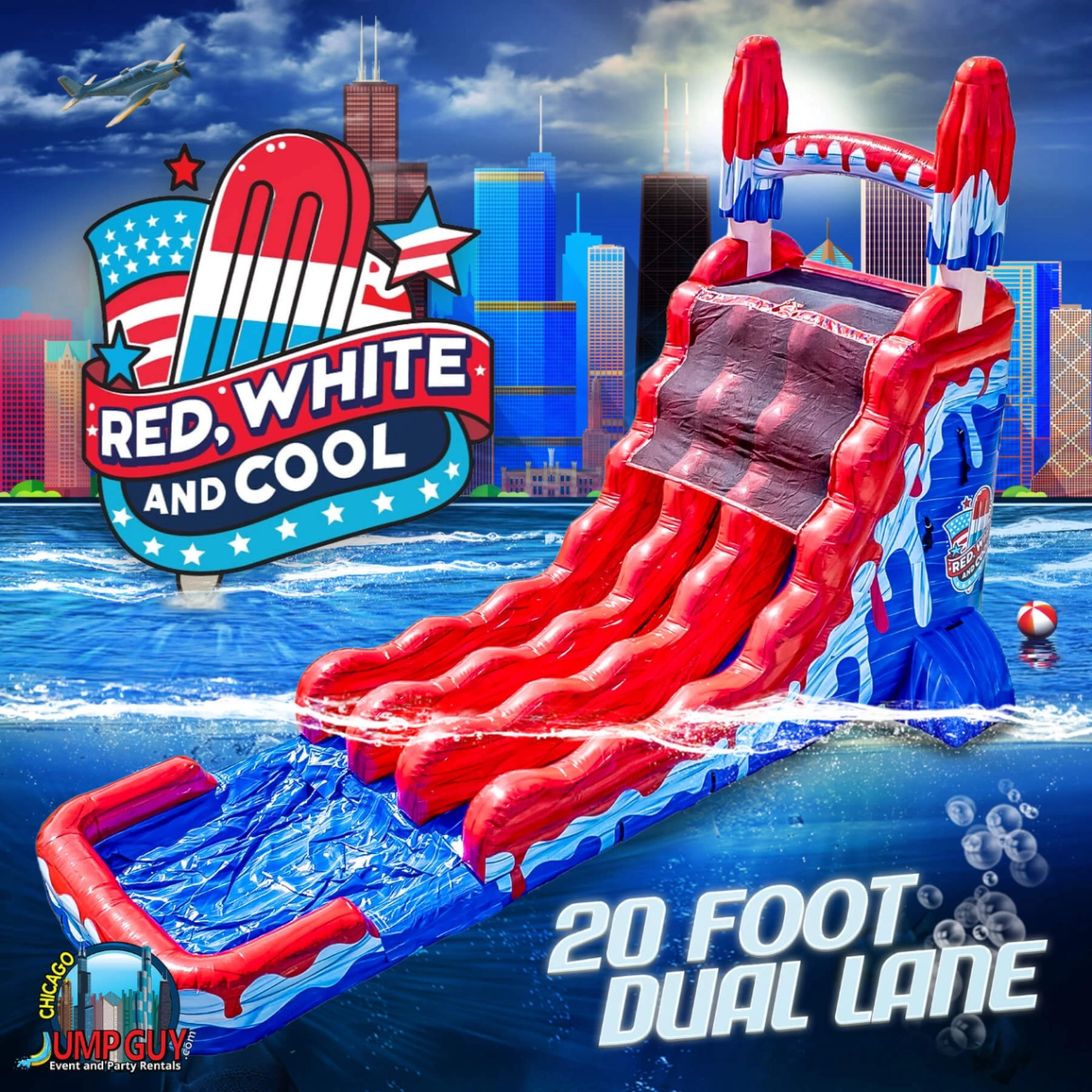 20-foot dual lane red and white inflatable water slide rental for Evanstone IL parties