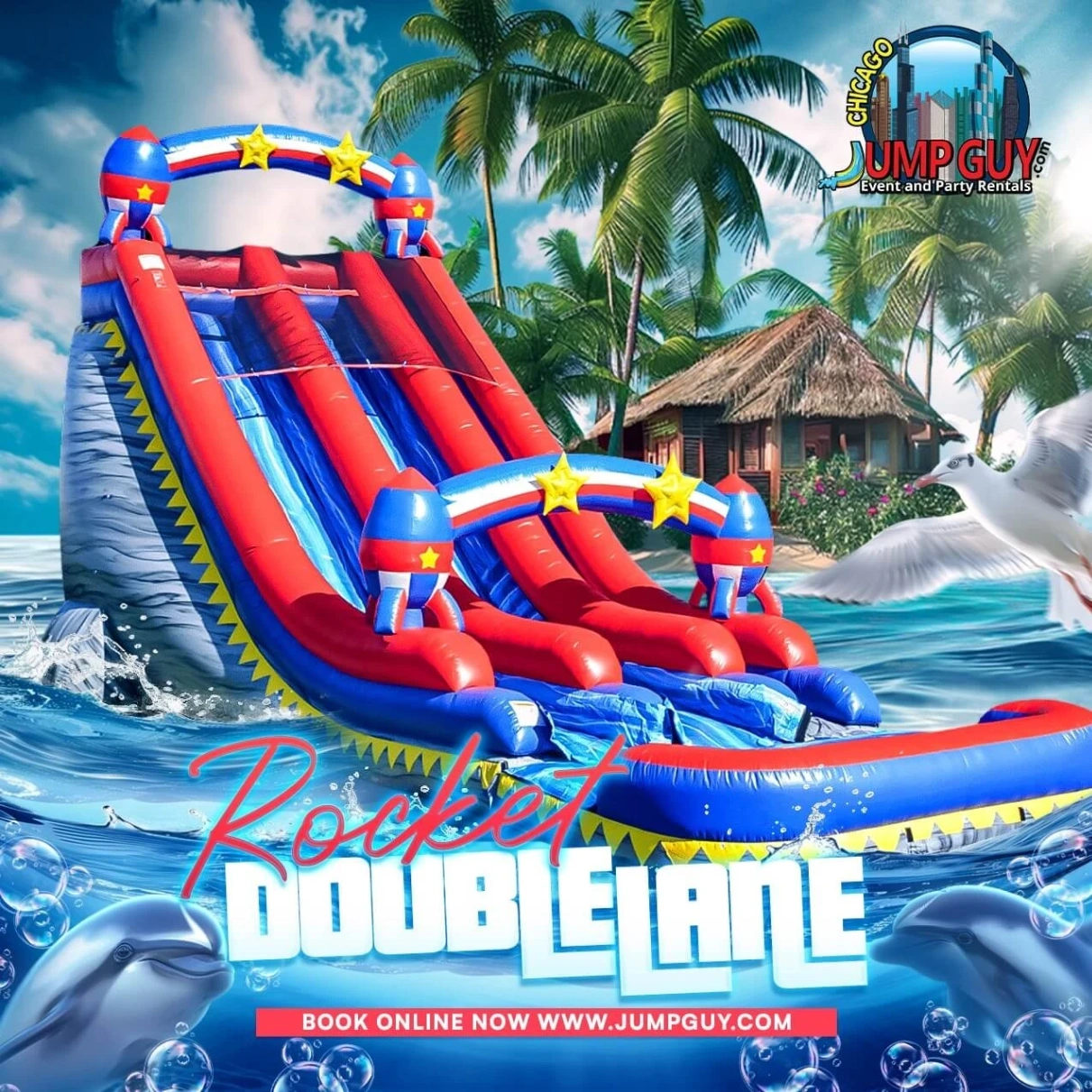 22-foot Rocket dual lane dry slide inflatable rental for parties in Evanstone IL