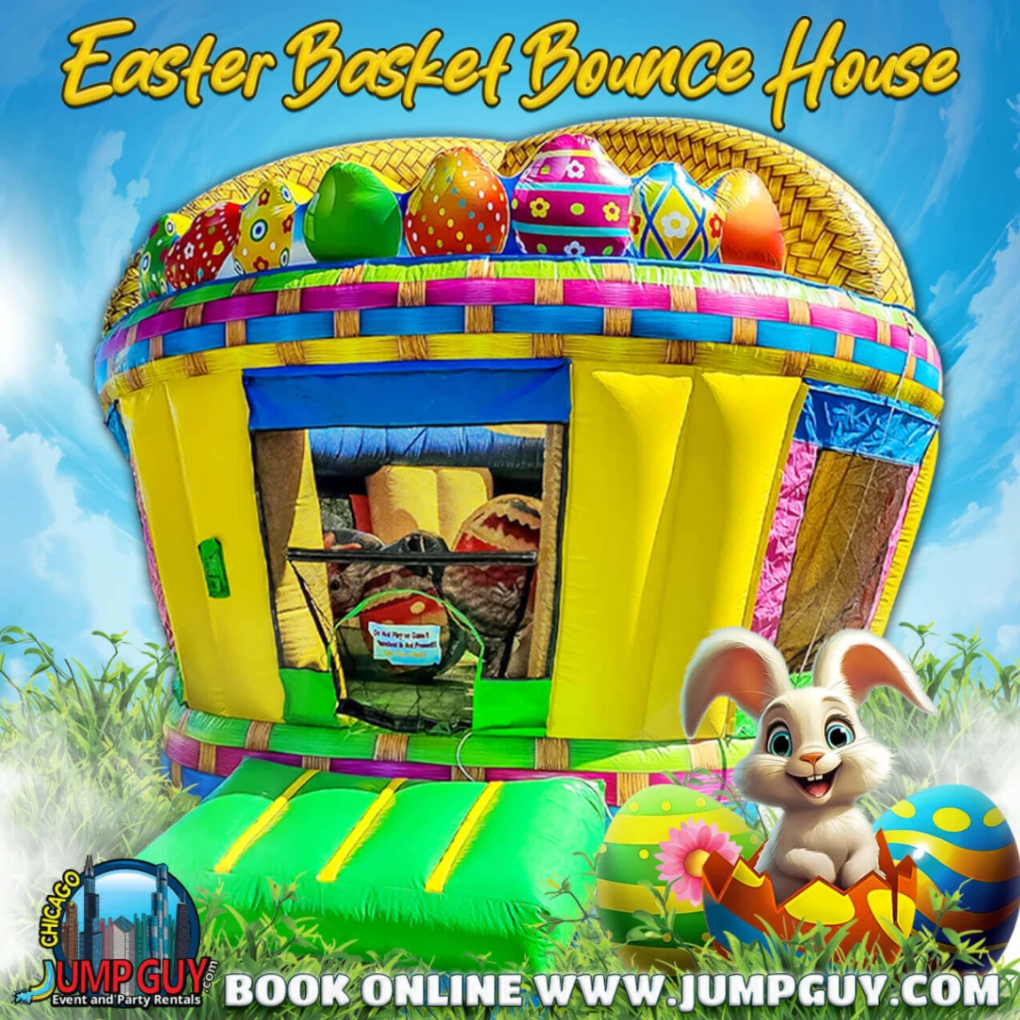 Easter basket themed inflatable bounce house rental for spring parties in Evanstone IL