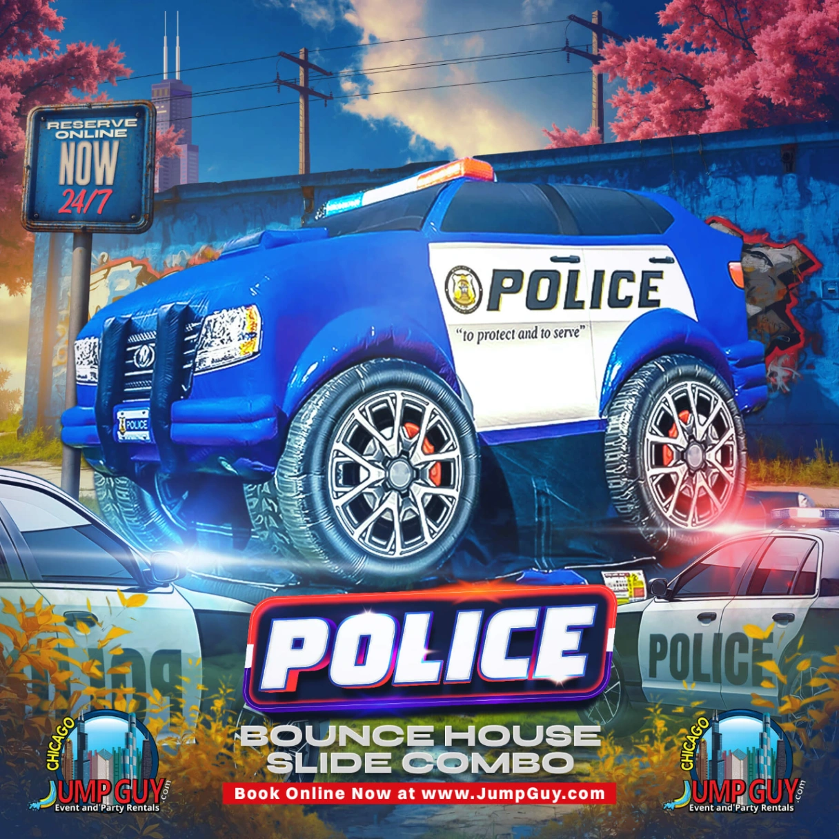 Police car themed bounce house and slide combo rental for kids parties in EVanstone IL