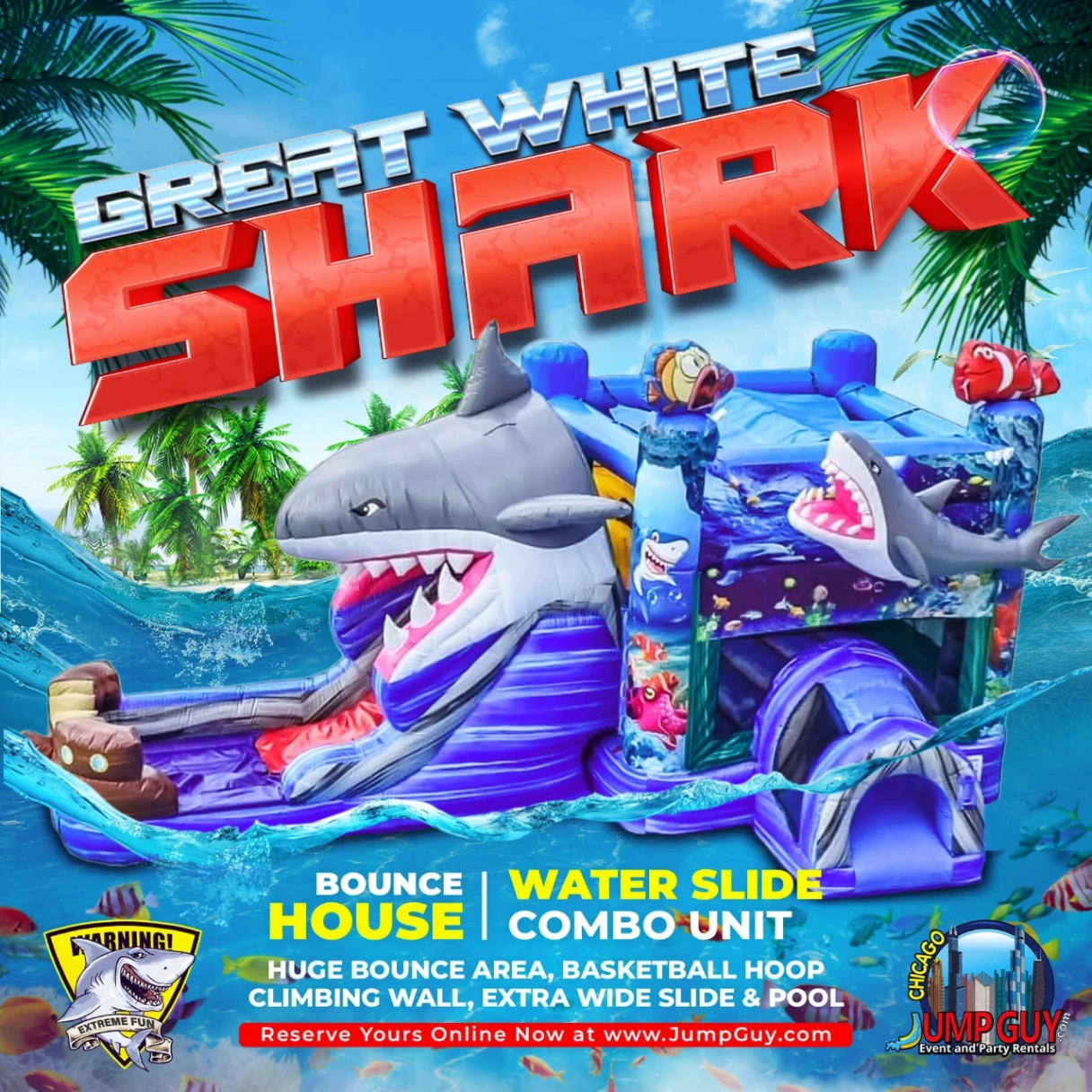 Great White Shark inflatable bounce house and water slide combo rental in Evanstone IL